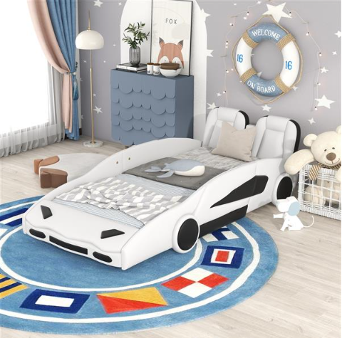 Double Race Platform Bed With Wheels, White Double Race Platform Bed With Wheels, White