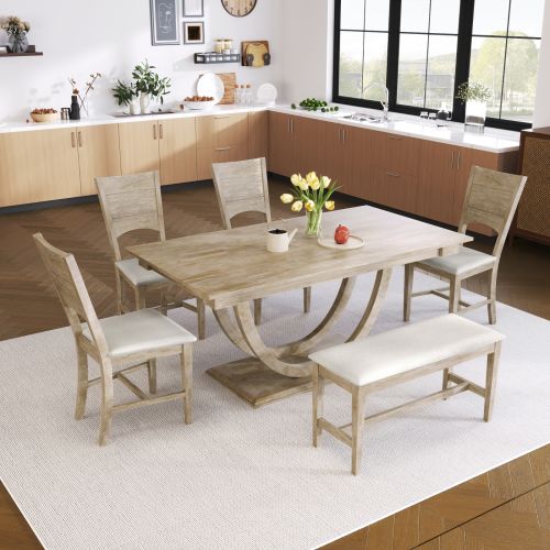 TOPMAX 6-Piece Wood Half Round Dining Table Set With Long Bench & 4 Chairs TOPMAX 6-Piece Wood Half Round Dining Table Set With Long Bench & 4 Chairs